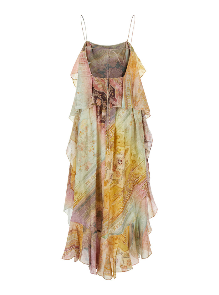 Multicolor Long Dress With Ruffles And All-Over Print Silk Woman