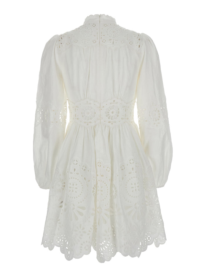 Acaciawhite Mini Dress With All-Over Broderie Anglaise And Scallop Hem Tech Fabric Stretch Woman White Linen