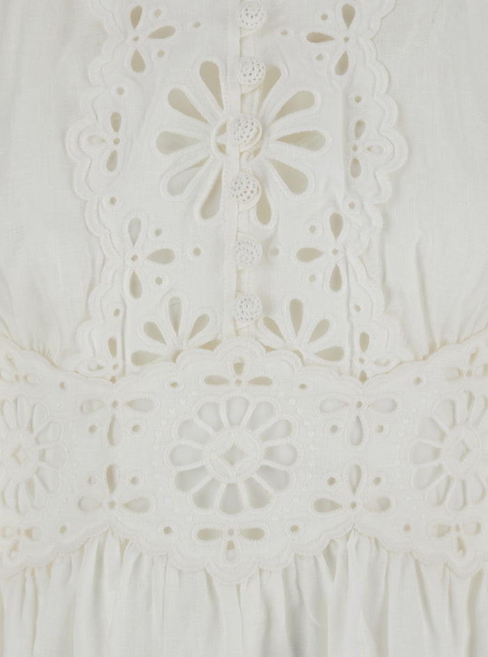 Acaciawhite Mini Dress With All-Over Broderie Anglaise And Scallop Hem Tech Fabric Stretch Woman White Linen