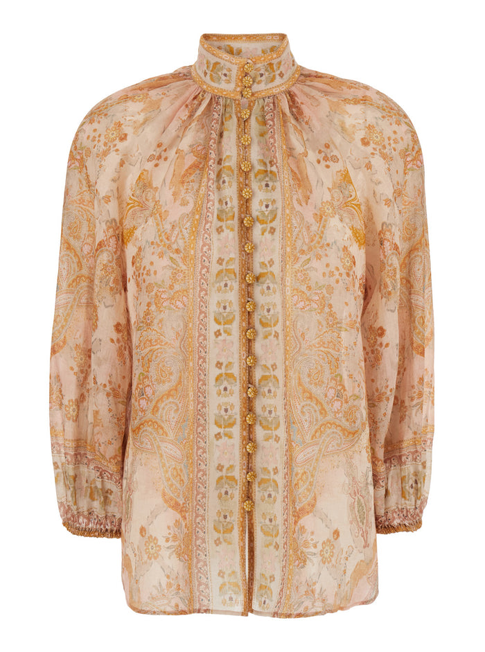 Billow Multicolor Blouse With High Neck And All-Over Print Ramie Woman Shirts Blouses