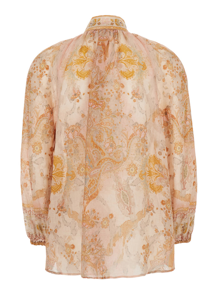 Billow Multicolor Blouse With High Neck And All-Over Print Ramie Woman Shirts Blouses