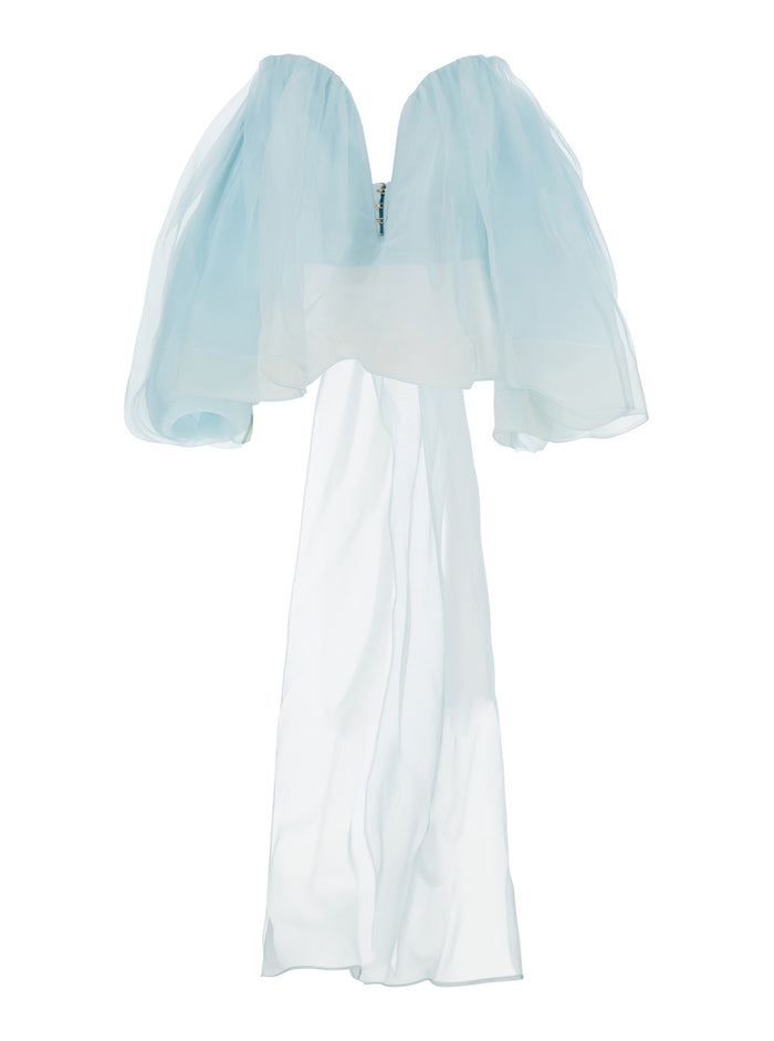 Crush Light Blue Top With Boned Bodice And Rear Tie Closure Silk Woman Tops