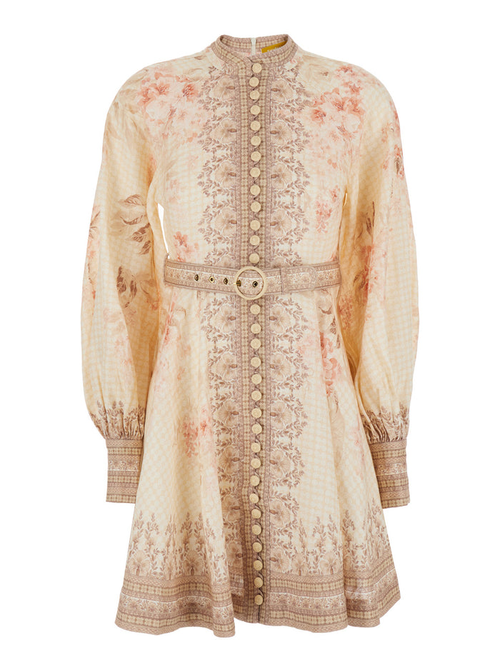 Illuminate Beige Mini Dress With Belted Waist And All-Over Floral Print Linen Woman