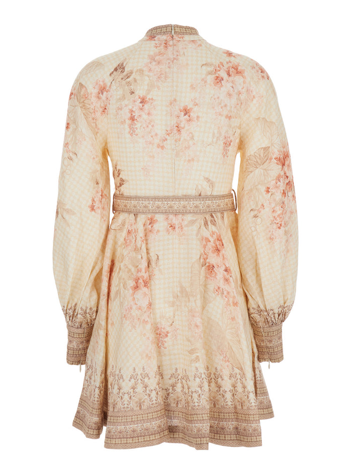 Illuminate Beige Mini Dress With Belted Waist And All-Over Floral Print Linen Woman