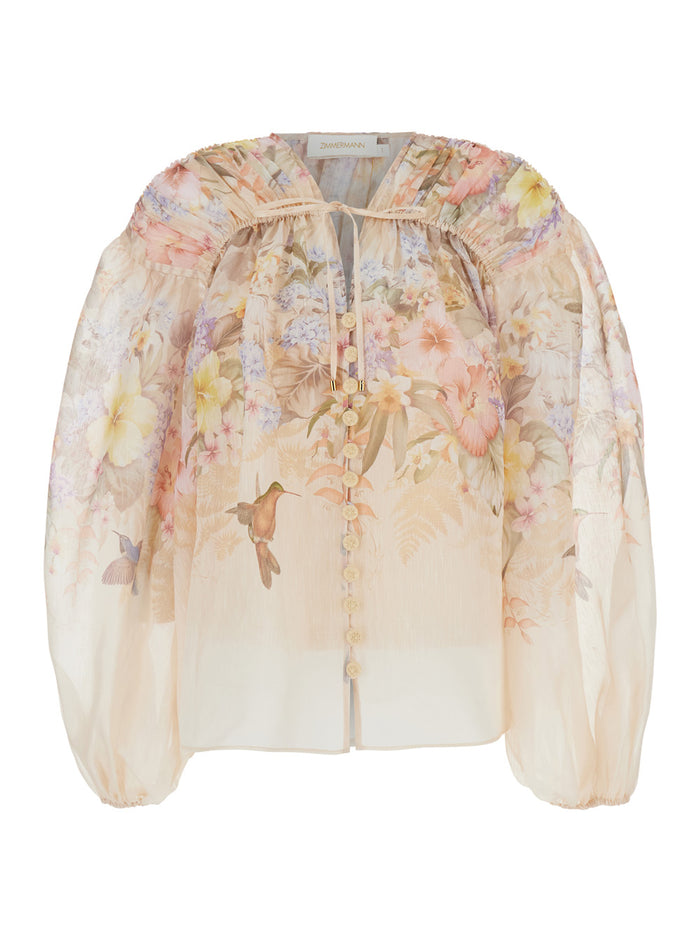 Illuminatebeige Blouse With Puffed Sleeves And All-Over Floral Print Linen Silk Blend Woman Beige Shirts Blouses