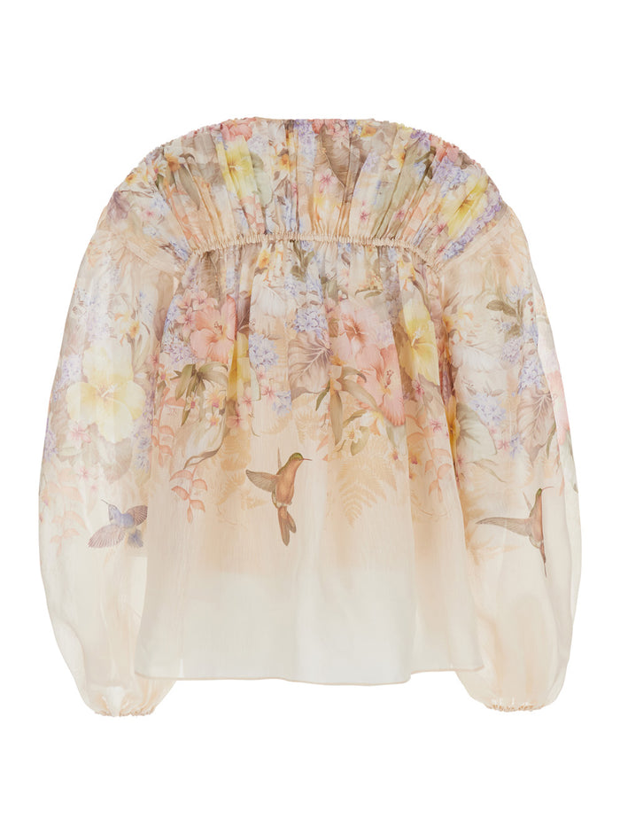 Illuminatebeige Blouse With Puffed Sleeves And All-Over Floral Print Linen Silk Blend Woman Beige Shirts Blouses