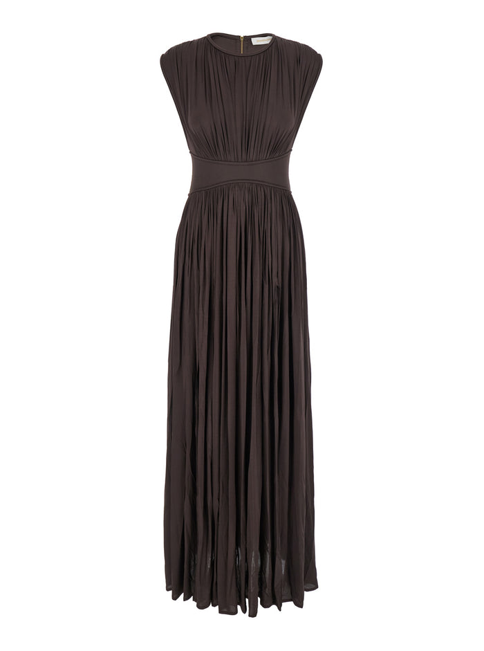 Illuminate Brown Long Dress With Gathered Neckline And Waist Front Single Split Viscose Stretch Woman Elastane