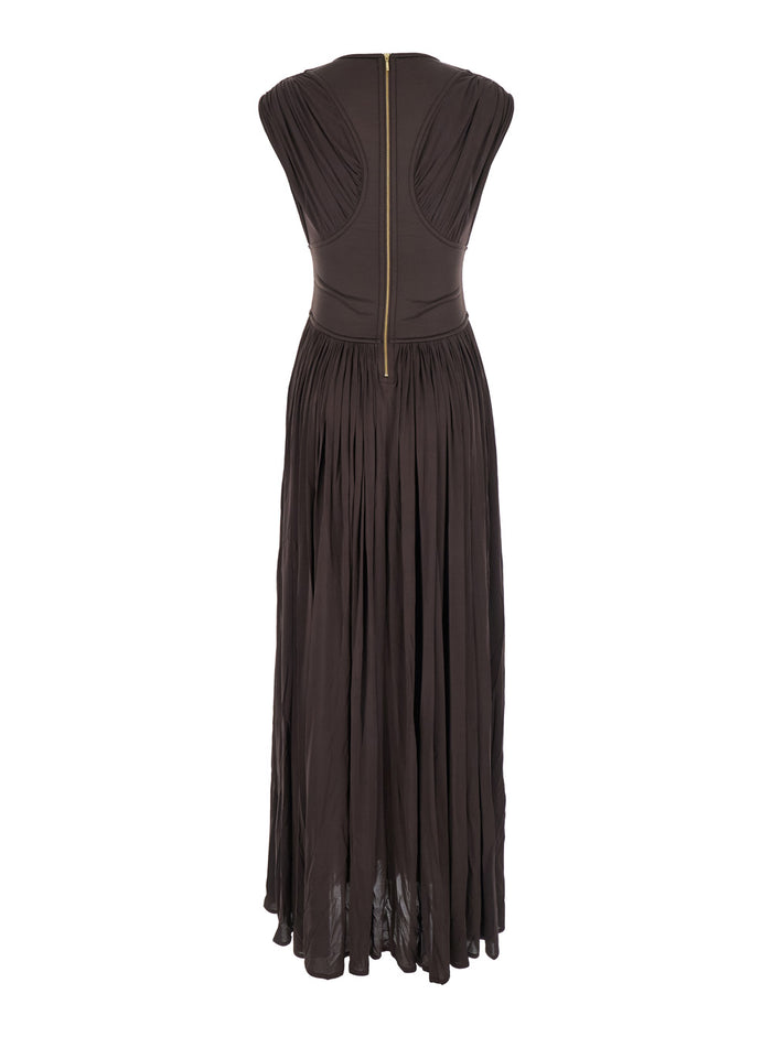 Illuminate Brown Long Dress With Gathered Neckline And Waist Front Single Split Viscose Stretch Woman Elastane