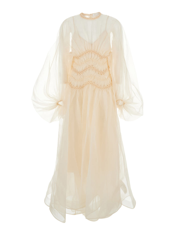 Illuminate Beige Crewneck Dress With Wide Elastic Long Sleeves And Macrame Details On Neck Waist Silk Woman