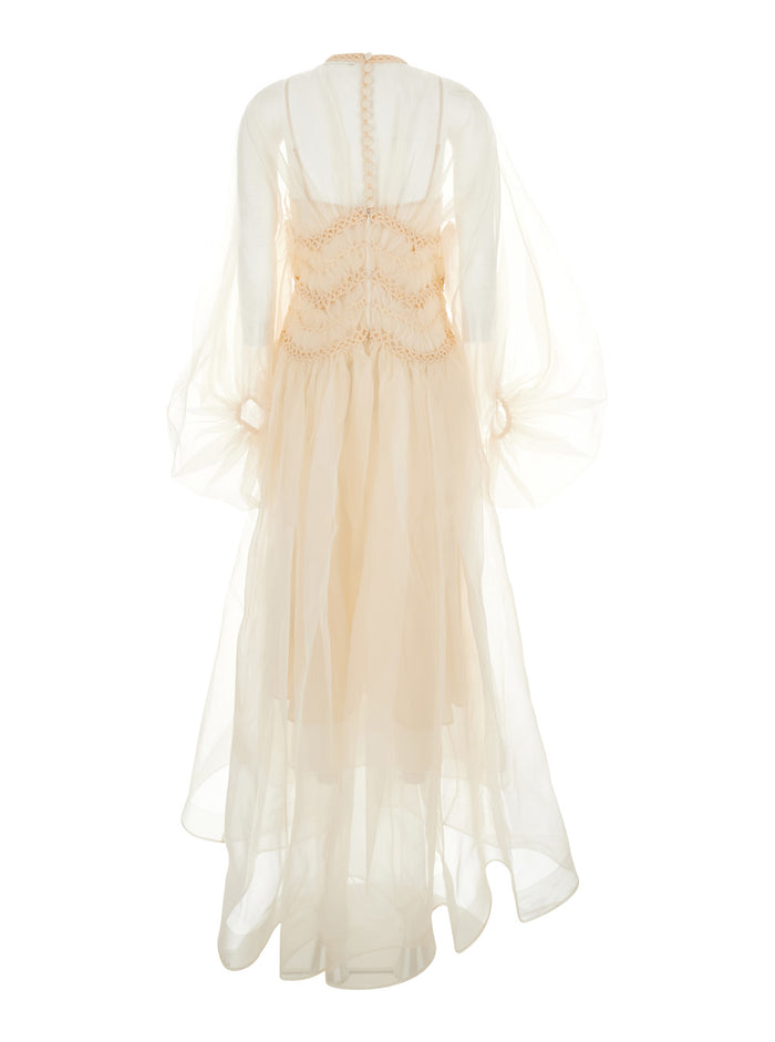Illuminate Beige Crewneck Dress With Wide Elastic Long Sleeves And Macrame Details On Neck Waist Silk Woman