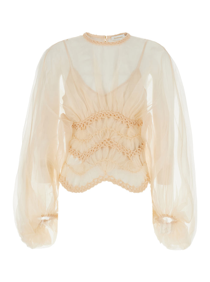 Illuminate Beige Crewneck Top With Elastic Hems And Semi Sheer Design Silk Woman Tops