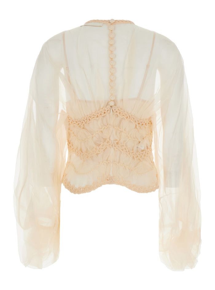 Illuminate Beige Crewneck Top With Elastic Hems And Semi Sheer Design Silk Woman Tops