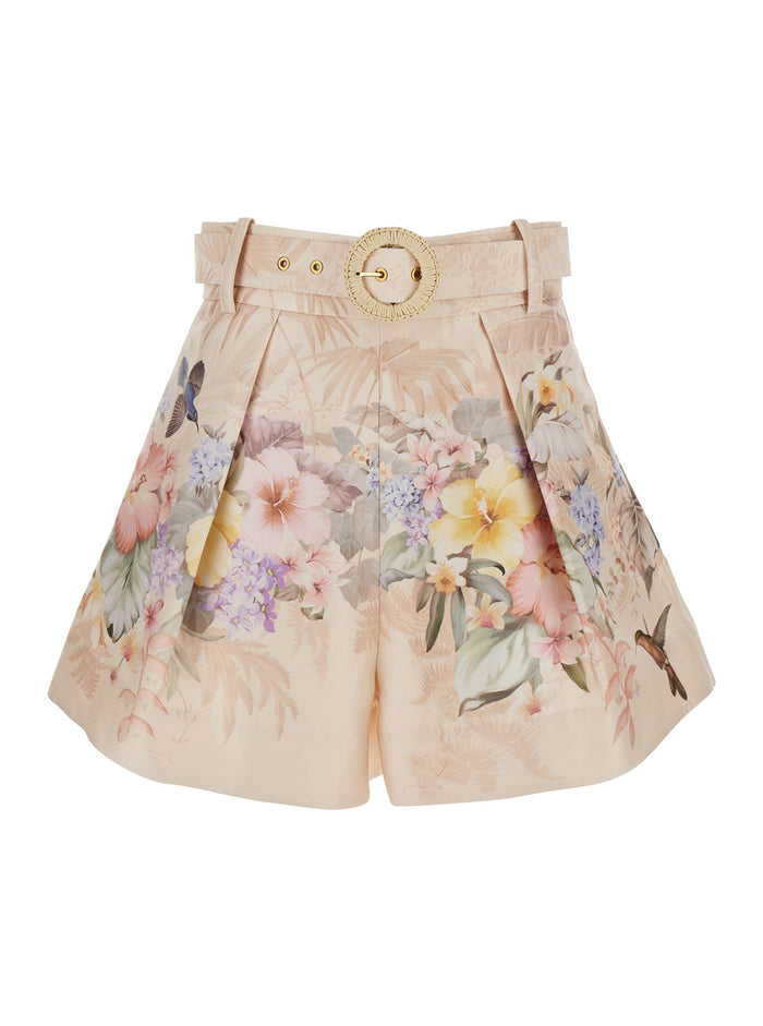 Illuminate Beige Shorts With Adlustable Belt And All-Over Floral Print Silk Cotton Blend Woman Bermuda