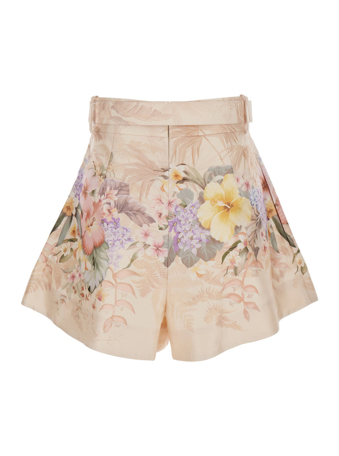 Illuminate Beige Shorts With Adlustable Belt And All-Over Floral Print Silk Cotton Blend Woman Bermuda