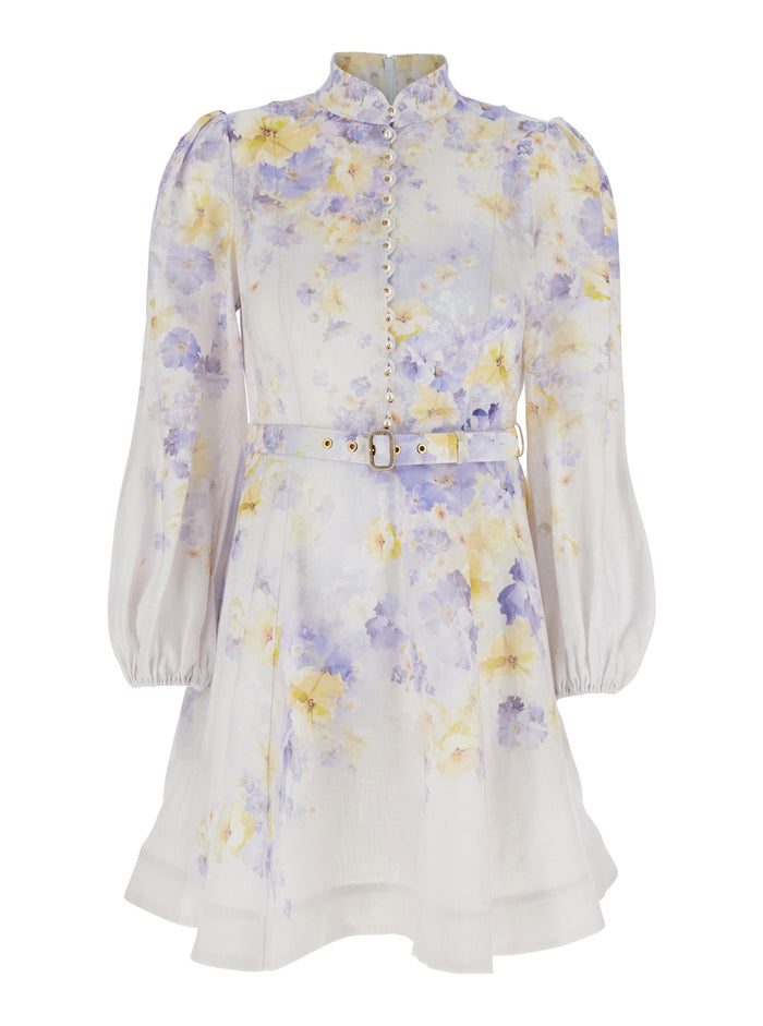 Crush Multicolor Crewneck Mini Dress With Long Puffed Sleeves Linen Woman