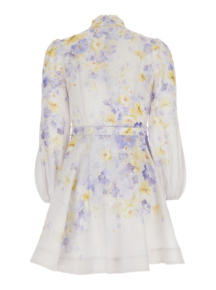 Crush Multicolor Crewneck Mini Dress With Long Puffed Sleeves Linen Woman
