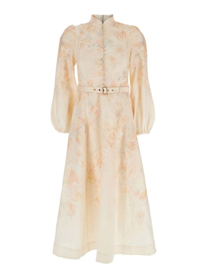 Crush Multicolor Midi Dress With Puffed Sleeves And Adjustable Removable Belt Linen Woman Long