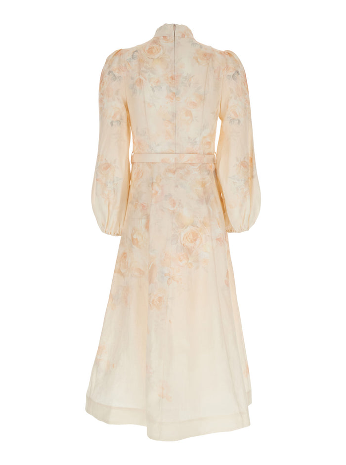 Crush Multicolor Midi Dress With Puffed Sleeves And Adjustable Removable Belt Linen Woman Long