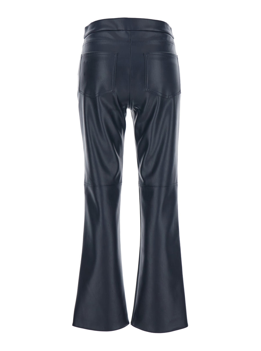Dark Blue Eco Leather Flared Pants Polyester Trousers