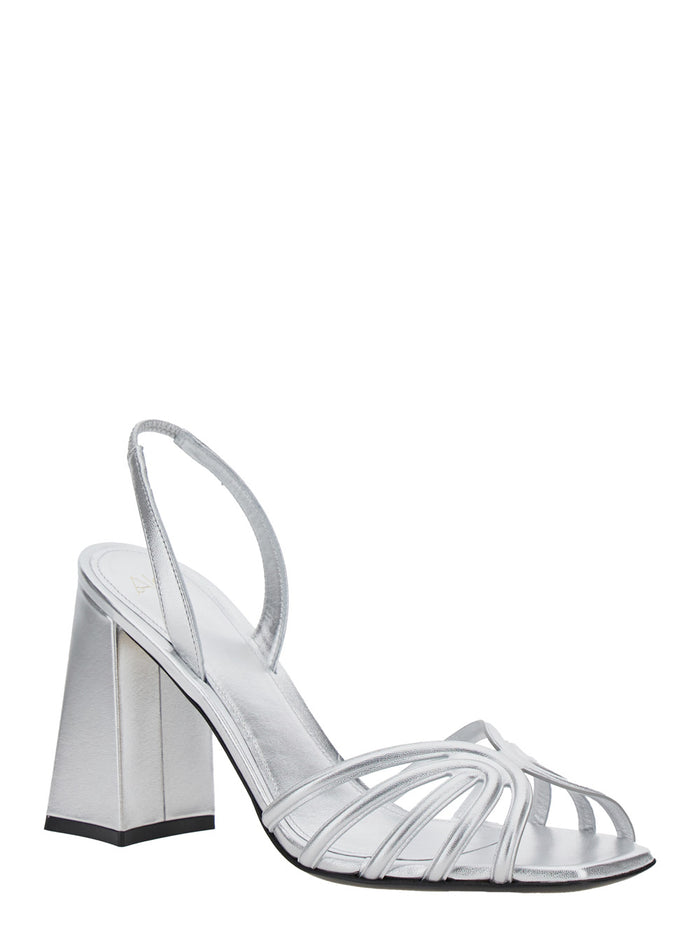 Tara Metallic Sandals with Elastic Ankle Strap and Block Heel in Leather Woman Goat Heels