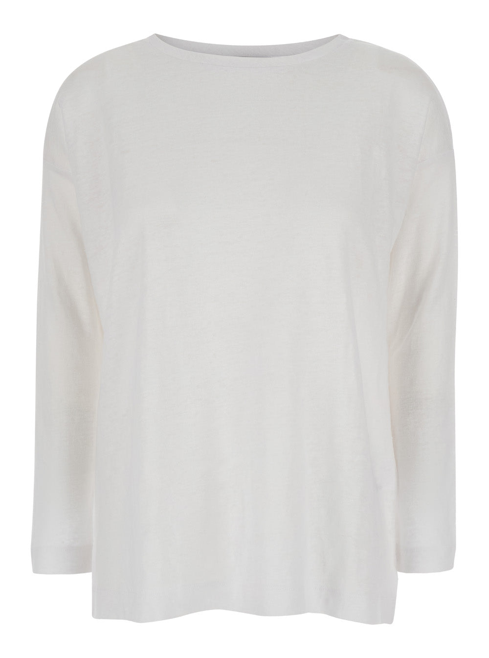 White Shirt with Boart Neckline in Linen Woman Jersey