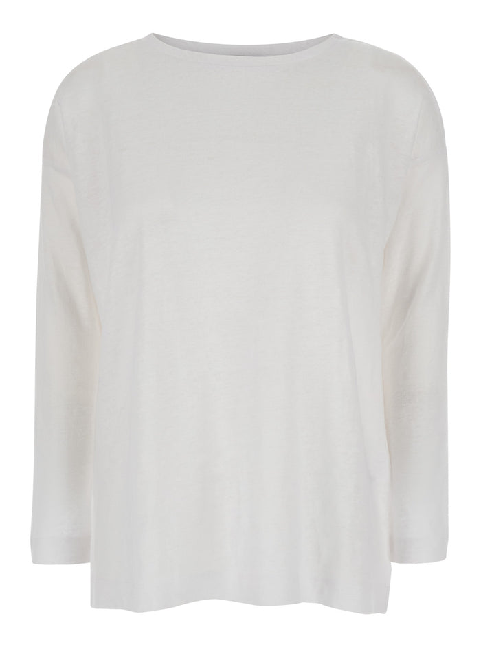 White Shirt with Boart Neckline in Linen Woman Jersey