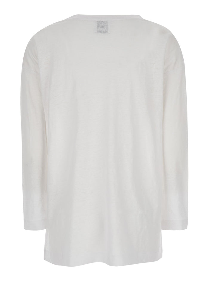 White Shirt with Boart Neckline in Linen Woman Jersey