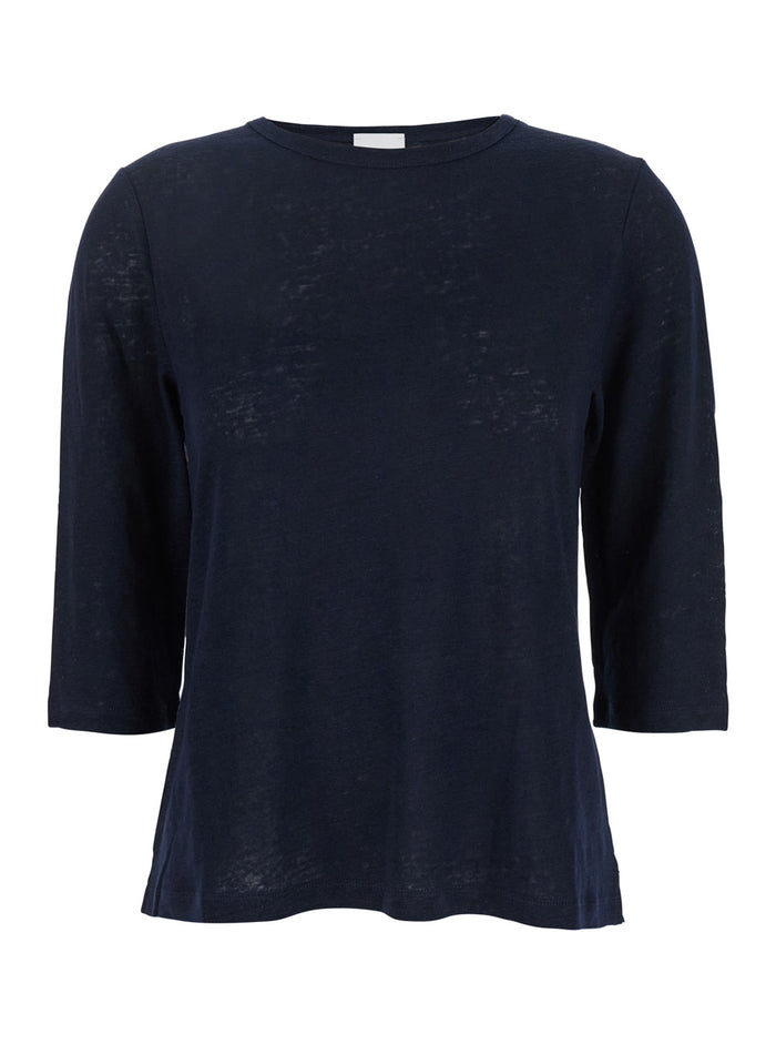 Blue T-Shirt with Boat Neckline and Long Sleeves in Linen Woman Blu Jersey