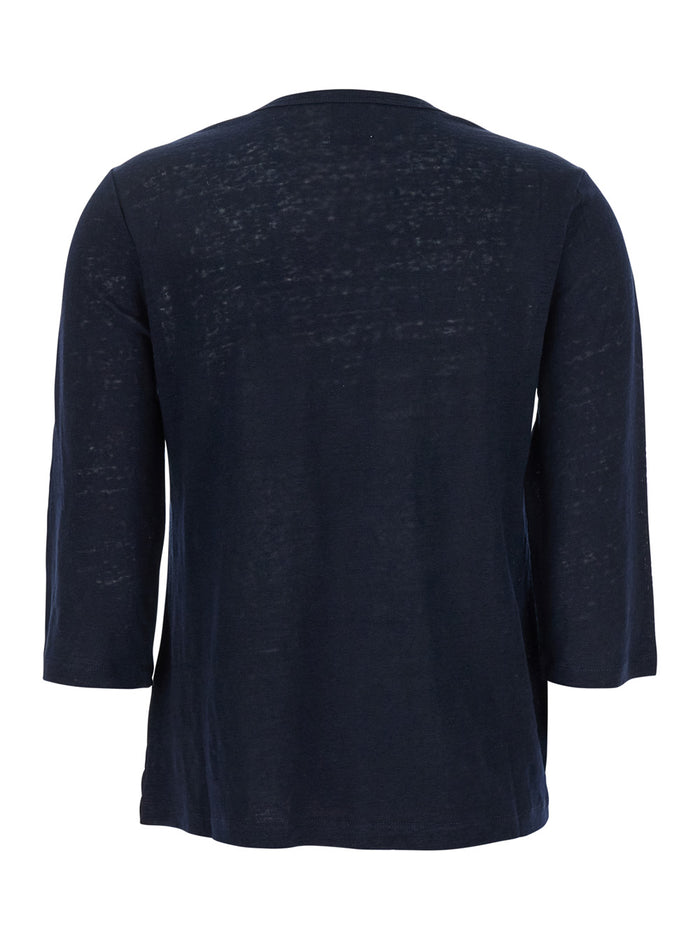 Blue T-Shirt with Boat Neckline and Long Sleeves in Linen Woman Blu Jersey
