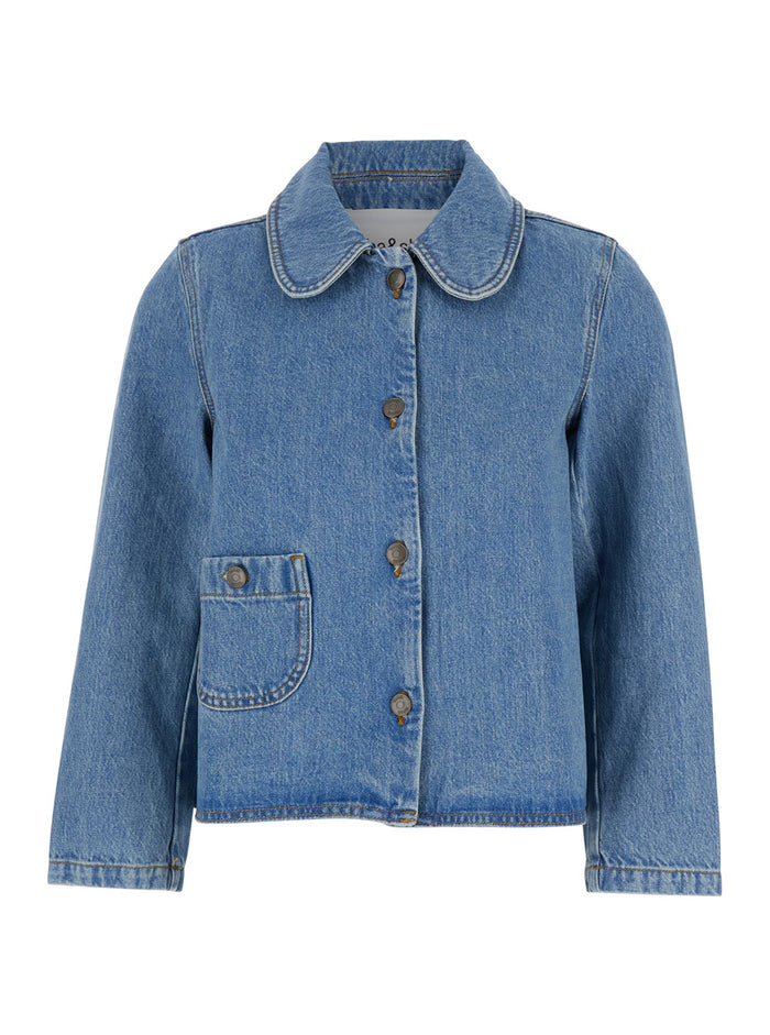 Blue Jacket With Wide Collar And Patch Pocket On The Front Denim Woman Blu Cotton Blazers