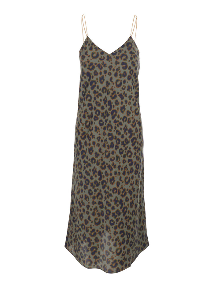 Biara Green Long Dress With Thin Straps And All-Over Leopard Print Fabric Woman Polyester