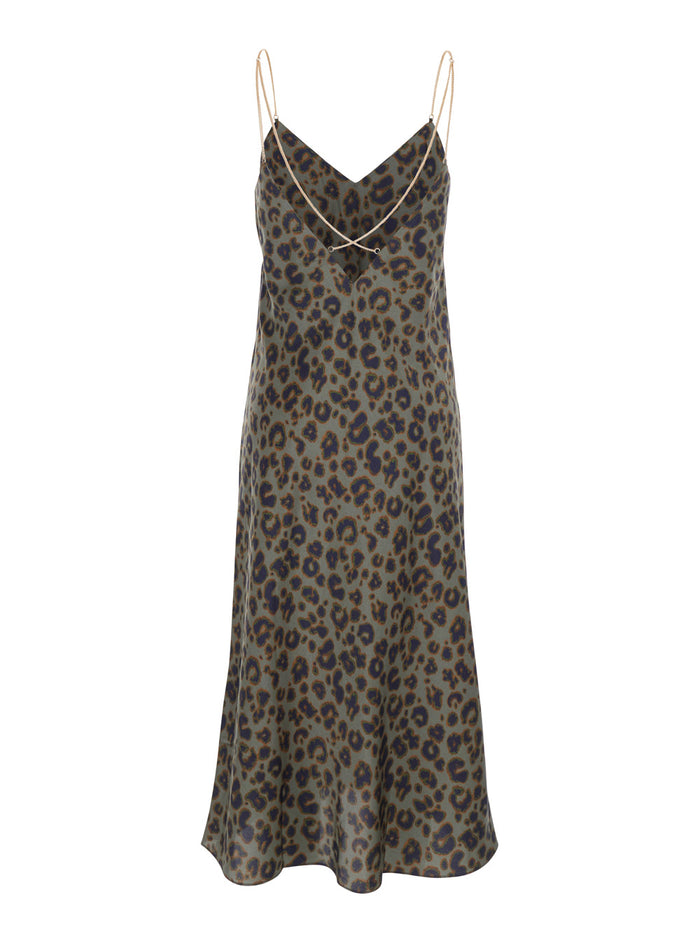 Biara Green Long Dress With Thin Straps And All-Over Leopard Print Fabric Woman Polyester