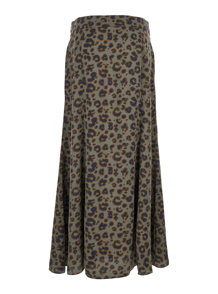 Blaire Green Long Skirt With All-Over Leopard Print Tech Fabric Woman Polyester