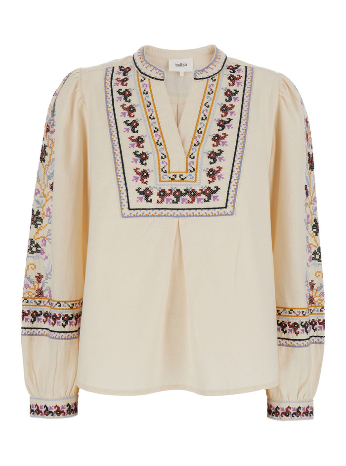 Caloe White Blouse With Round Neck And All-Over Embroidery Cotton Linen Blend Woman Shirts Blouses
