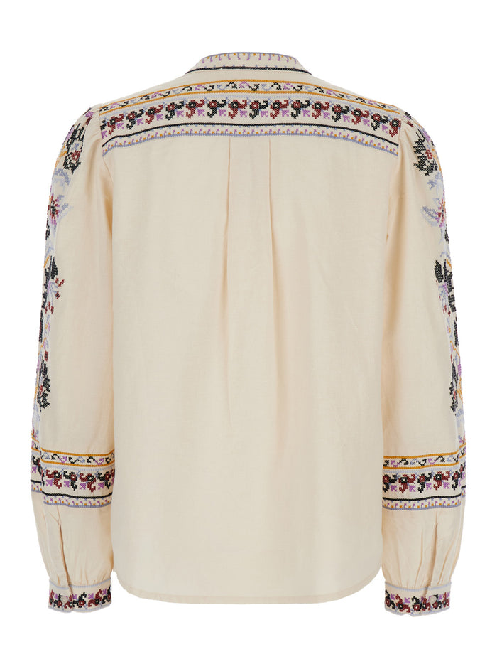 Caloe White Blouse With Round Neck And All-Over Embroidery Cotton Linen Blend Woman Shirts Blouses