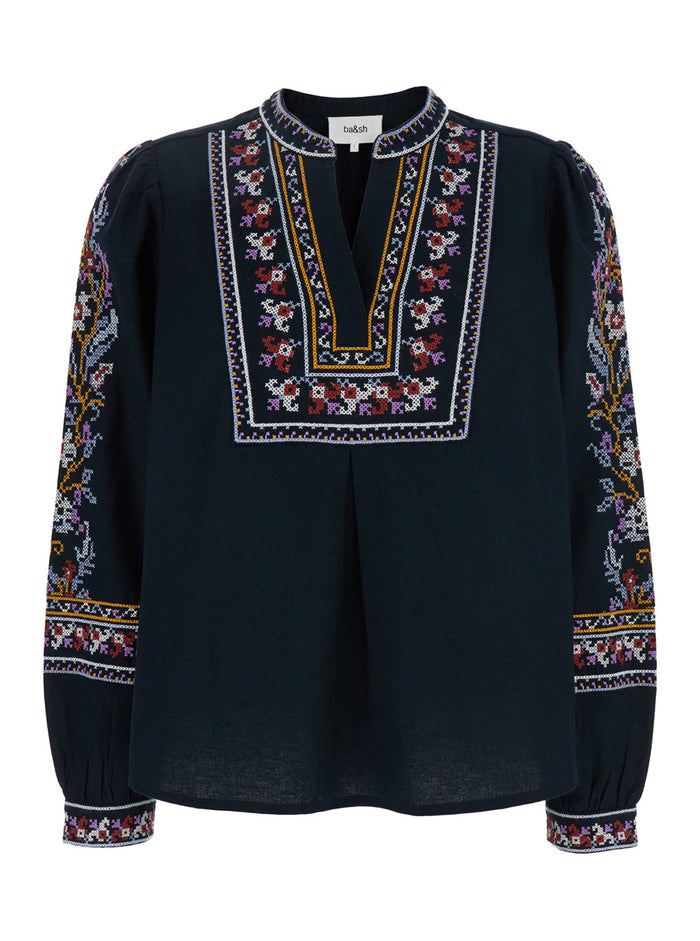 Caloe Blue Blouse With Round Neck And All-Over Embroidery Cotton Linen Blend Woman Blu Shirts Blouses