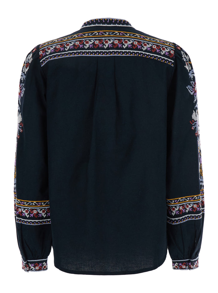 Caloe Blue Blouse With Round Neck And All-Over Embroidery Cotton Linen Blend Woman Blu Shirts Blouses