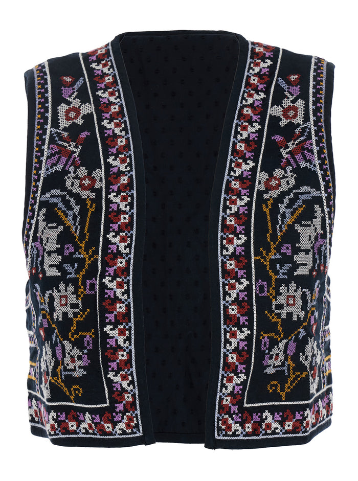 Coco Black Sleeveless Vest With All-Over Embroidery Cotton Woman Blazers