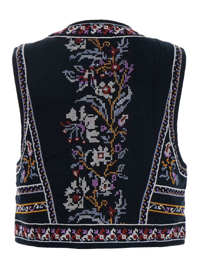Coco Black Sleeveless Vest With All-Over Embroidery Cotton Woman Blazers
