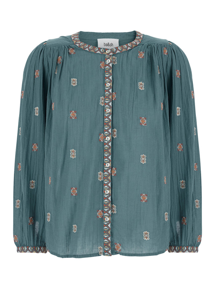 Daphne Blue Round Neck Blouse With All-Over Printed Motif Cotton Woman Blu Shirts And Blouses