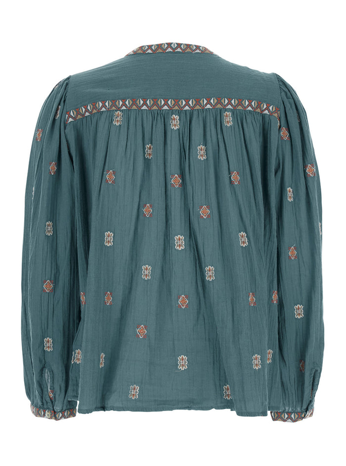 Daphne Blue Round Neck Blouse With All-Over Printed Motif Cotton Woman Blu Shirts And Blouses