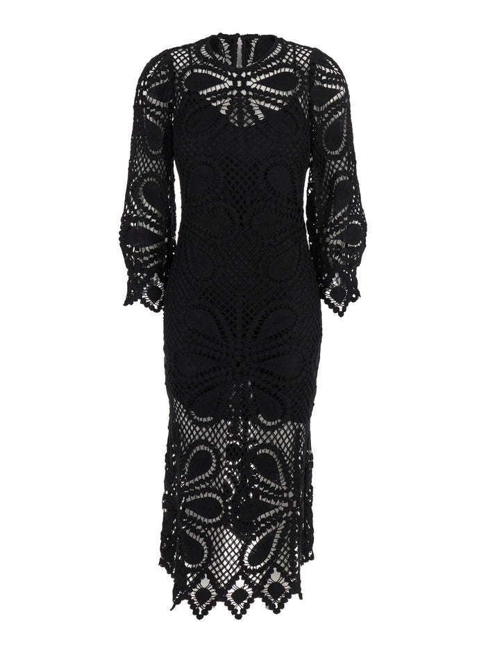 Grace Black Crewneck Midi Dress With All-Over Embroidery And Asymmetric Hem Cotton Woman