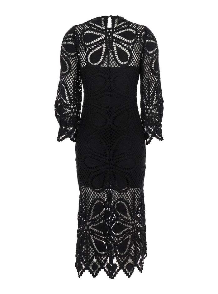 Grace Black Crewneck Midi Dress With All-Over Embroidery And Asymmetric Hem Cotton Woman