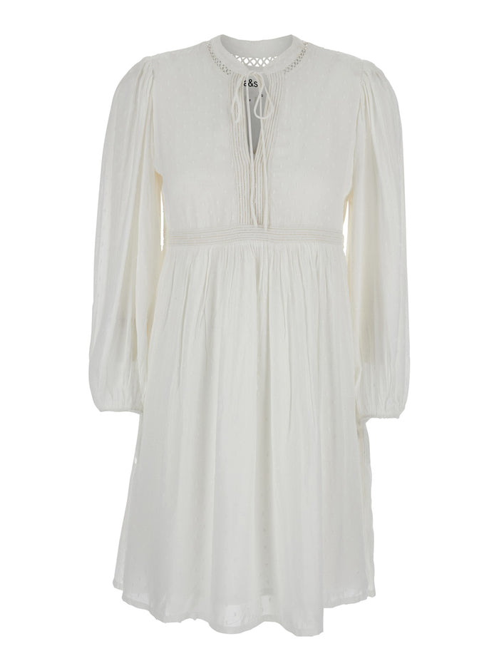 White Crewneck Dress With Knot Closure On The Front Fabric Woman Cotton