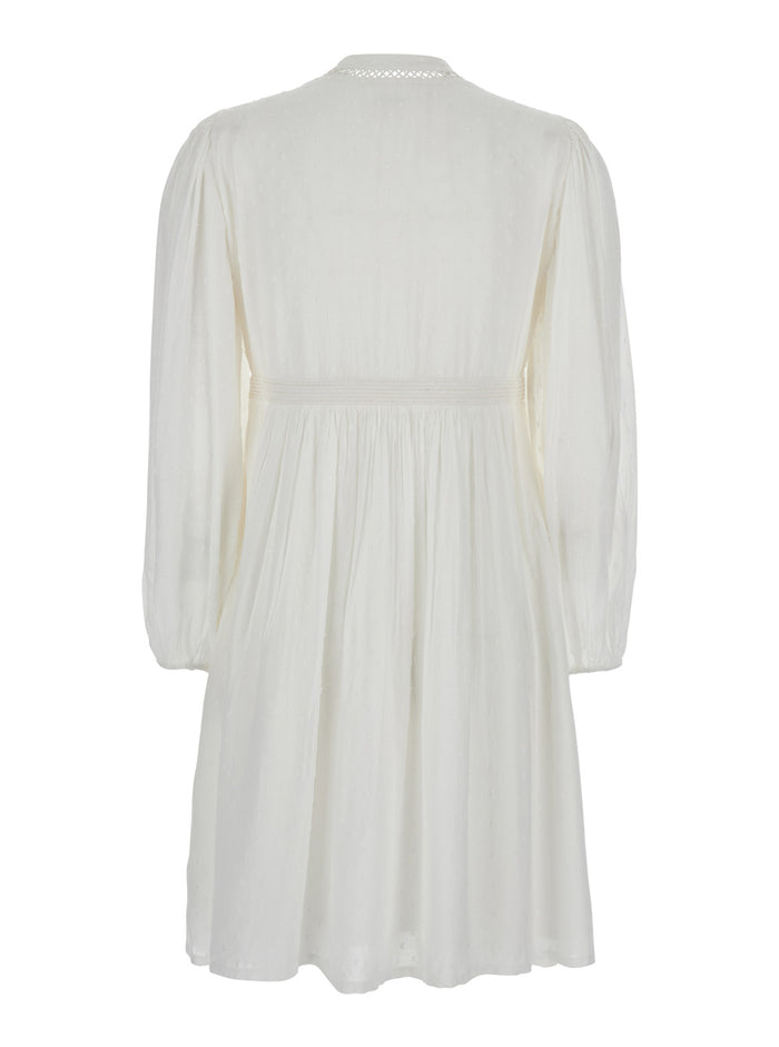White Crewneck Dress With Knot Closure On The Front Fabric Woman Cotton