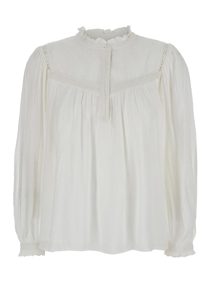 White Blouse With High Neck Ruffles And Front Closure Buttons Cotton Woman Shirts Blouses