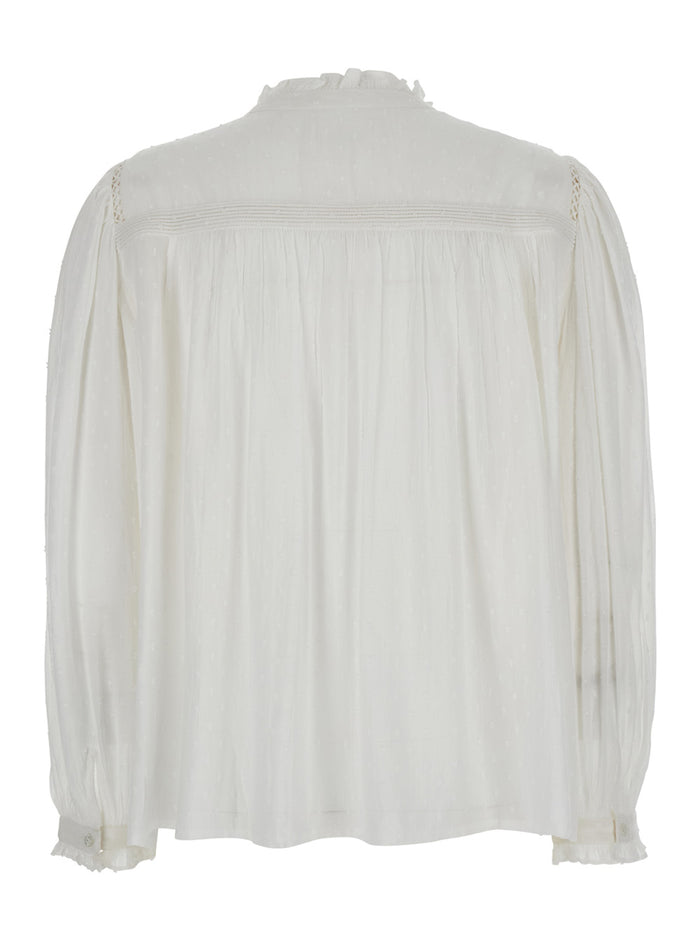 White Blouse With High Neck Ruffles And Front Closure Buttons Cotton Woman Shirts Blouses