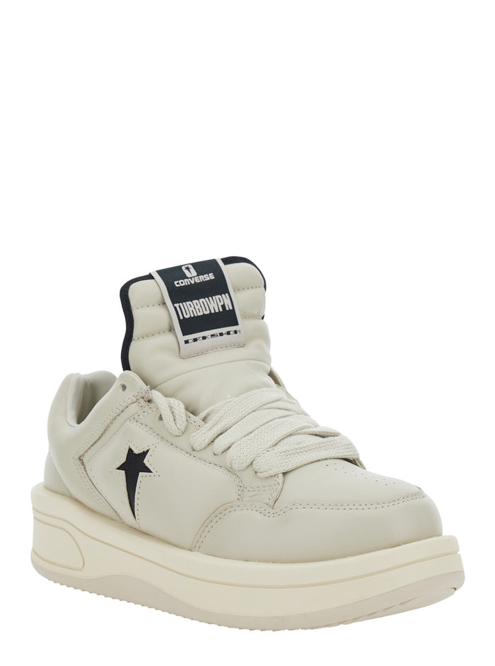 Turbowpn White Low Top Sneakers With Logo Detail And Elongated Tongue Leather Unisex Cow