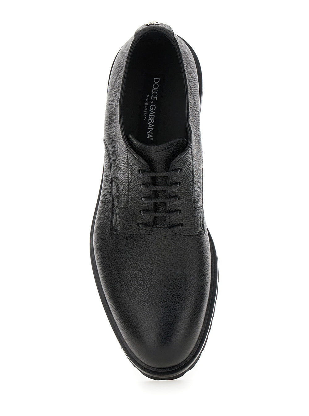 Altavilla Black Derby Lace-Up Shoes with Metal DG Logo on Heel in Brushed Leather Man Calf Lace