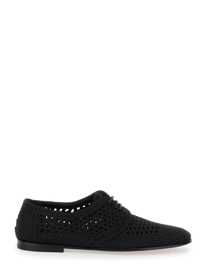 Black Lace-Up Shoes With Woven Design Fabric Man Viscose Lace